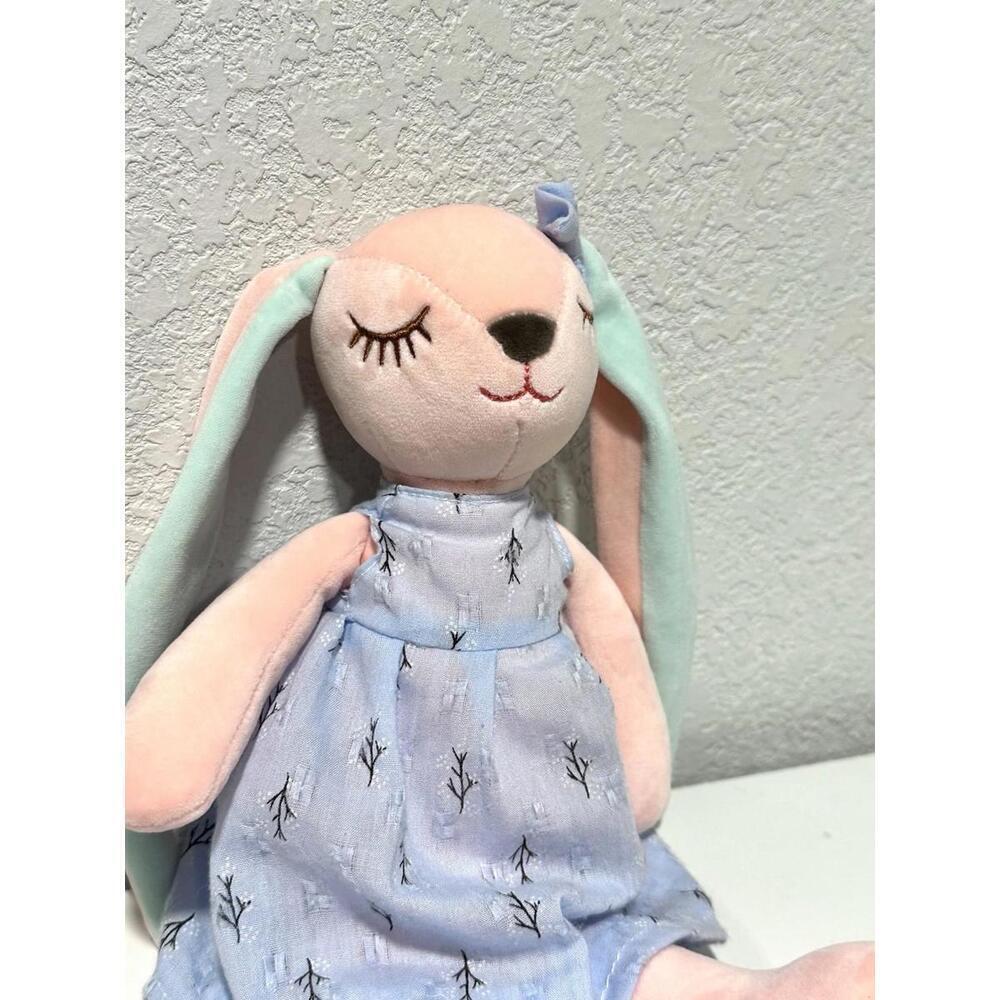 Unbranded Kids Girl Bunny Stuffed Animal Pink Easter Bunny Blue Dress Floral Bow - Picture 2 of 7